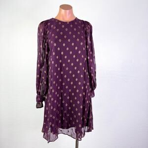 Calvin Klein Printed Tie Cuff Long Sleeve Shift Mini Dress Gold Burgundy 2 NWT